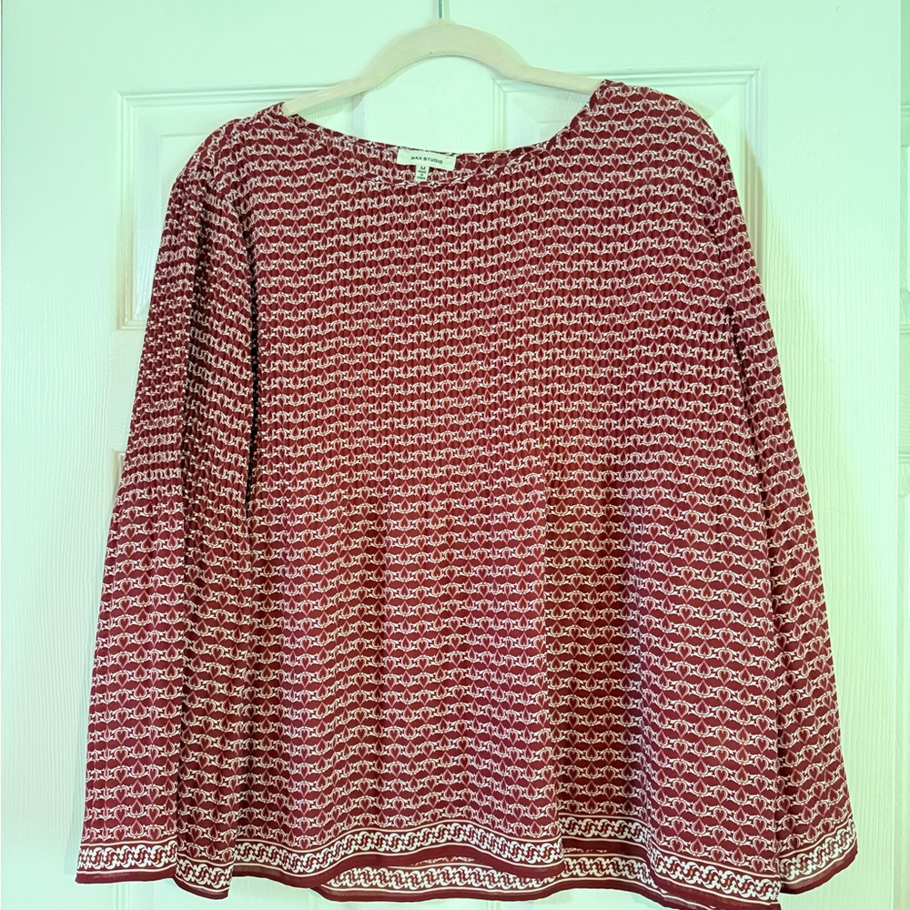 Max Studio Burgundy and White Blouse with Flair Sleeves